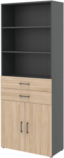 Aktenschrank IX - Zweitürig, Schubkästen, offene Fächer - Anthrazit/Hickory