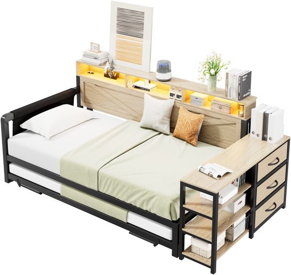 Metall-Schlafsofa, 90x200 cm, mit verstellbarem Ausziehbett, Stauschrank, 3 Schubladen, Staufächern, LED-Beleuchtung und USB-Anschluss, schwarz.