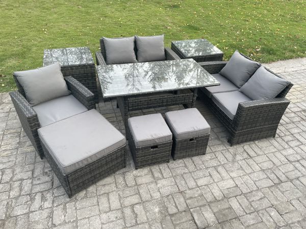 Fimous Polyrattan Gartenmöbel-Set mit Rechteckiger Esstisch Doppelsitzsofa 2 Beistelltischen 3 Fußhockern Dunkelgrau gemischt