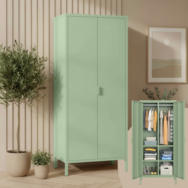 skølm 'Ituri' Kleiderschrank, Metall, 170x45x80 cm, grün, Garderobe mit 4 Fächern und 2 Kleiderstangen