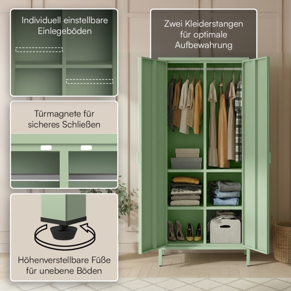skølm 'Ituri' Kleiderschrank, Metall, 170x45x80 cm, grün, Garderobe mit 4 Fächern und 2 Kleiderstangen Bild 3