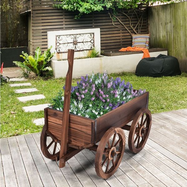 COSTWAY Blumenkasten, Blumenwagen Holz, Pflanzwagen 4 Rädern, Blumentopf