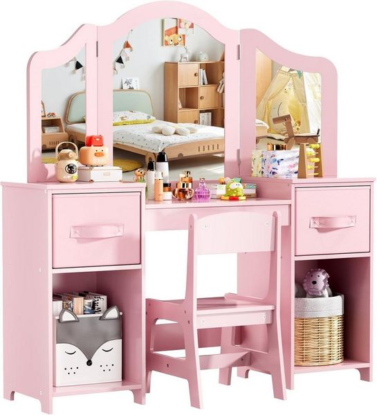 TLGREEN Schminktisch Kinderschminktisch 2 in 1,mit Abnehmbarem Spiegel (108x30x114 cm), Schminktisch Mädchen,Schreibtisch mit Hocker