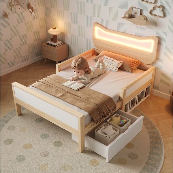Flieks Kinderbett flexible Schublade & Staufach links/rechts montierbar, Massivholzbett 90×200 cm mit Katzenohren Kopfteil und LED‑Beleuchtung