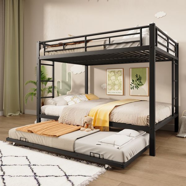 140*200cm Etagenbett, Eisenrahmenbett, Kinderbett, ausgestattet mit Ausziehbett, hohe Geländer,ohne Matratze, Schwarz