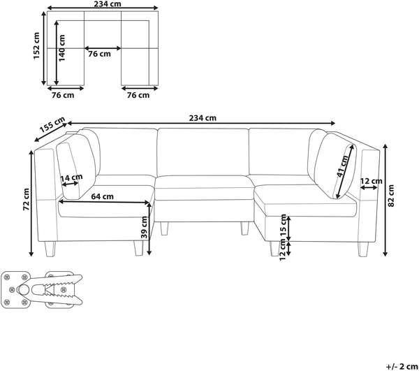 Beliani 'Unstad' Sofa, Dunkelgrau, Leinenoptik, 72 x 76 x 228 cm, ohne Ottomane, U-Form Bild 2