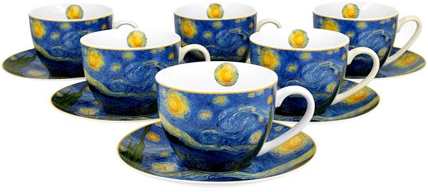 DUO ART GALLERY 6er-Set Tassen 250 ml mit Untere STARRY NIGHT inspired by Van Gogh, New Bone China Porzellan