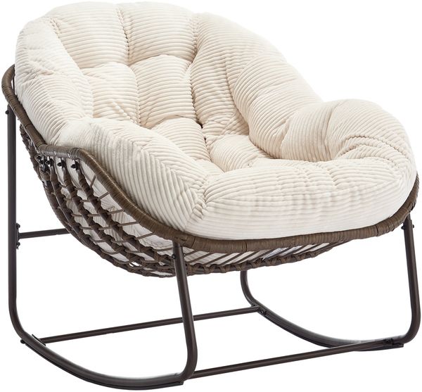 Flieks Rattan Schaukelstuhl mit Kissen, ergonomischer Egg Chair, gepolsterter Relaxsessel, Indoor & überdachter Außenbereich, Samt, Weiß
