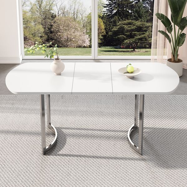 Ausziehbarer Esstisch 140–180cm,Flexibler für Esszimmer und Wohnzimmer, Weiß lackierte Tischplatte, versilberte Metallbeine
