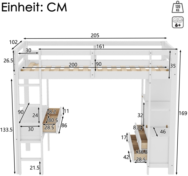 Merax Hochbett Kiefer Kinderbett mit Schreibtisch & Stauraumregal 90x200cm, weiß Bild 2