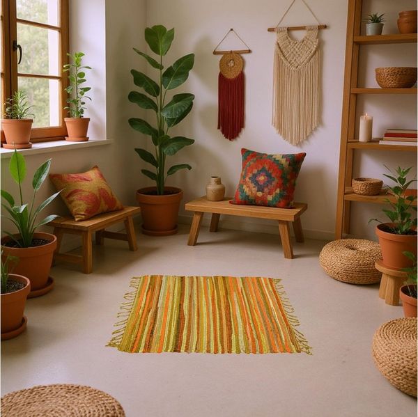 Marrakesch Orient & Mediterran Interior Badematte Callum Gelb Teppich 90×50cm, Boho-Vorleger aus recycelter Baumwolle, Baumwolle