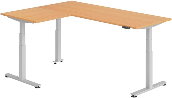 bümö Eckschreibtisch elektrisch höhenverstellbar L-Form: 200 x 160 cm in Buche, Gestell silber - Stehschreibtisch mit Memory-Steuerung, elektrischer XXL Schreibtisch für die Ecke, XDSMW-2008-6-S