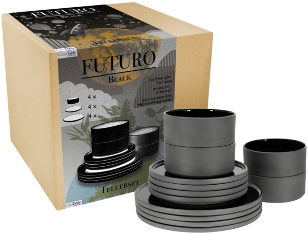 CreaTable 21538 Tafelservice Futuro für 4 Personen, Steinzeug, schwarz (1 Set, 12-teilig)