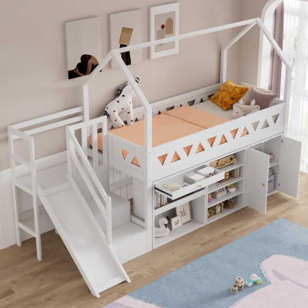 Kinderbett Einzelbett, multifunktional mit Rutsche Treppe Schubladen Schließfach magnetischer Tür ohne Matratze, Massivholz, Weiß, 90x200 cm