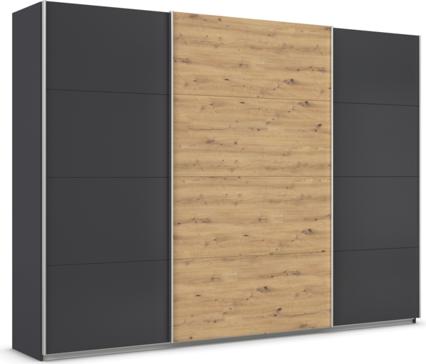 rauch Quadra, Kleiderschrank, Schiebetürenschrank, 3-türig, mit 4 Kleiderstangen und 8 Einlegeböden, Farbe Grau metallic/Eiche Artisan, BxHxT 315x229x62cm Bild 3