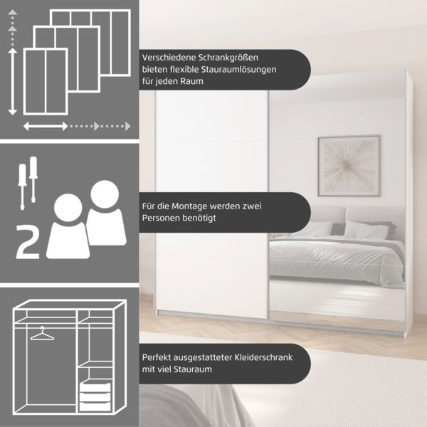 rauch Quadra, Kleiderschrank, Schiebetürenschrank, 3-türig, mit 4 Kleiderstangen und 8 Einlegeböden, Farbe Grau metallic/Eiche Artisan, BxHxT 315x229x62cm Bild 8