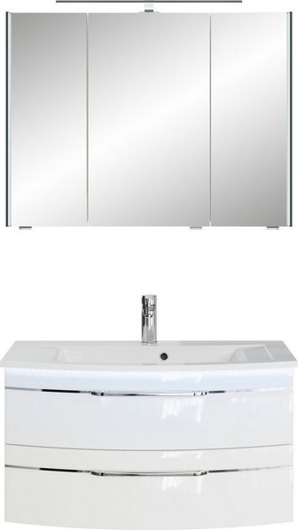 Saphir Badmöbel-Set Serie 7045 2-teilig Mineralmarmor-Waschtisch mit LED-Spiegelschrank, (Set, 2-St), Badezimmer-Set 93,2 cm breit, inkl. Türdämpfer, 3 Türen, 2 Schubladen