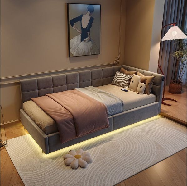 Gdood Polsterbett Daybett Jugendbett Tagesbett (1-tlg, Hydraulisch hebbarer Stauraum, Geeignet für Jungen und Mädchen), Mit LED-Beleuchtung, Ladefunktion, Samt, 90x200 cm