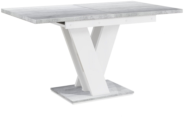MEBLINI Esstisch Ausziehbar - 120-160x80x75cm - MASIV - Weiß Hochglanz/Betonoptik - Esszimmertisch Modern - Küchentisch - Säulentisch - Ausziehtisch - Dining Table