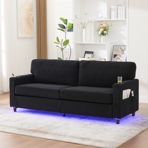 Zweisitzer-Sofa mit Chenillebezug, extraweicher Schaumstoffpolsterung, LED-Ambiente, USB-C-Ladefunktion, Seitentaschen & Getränkehaltern