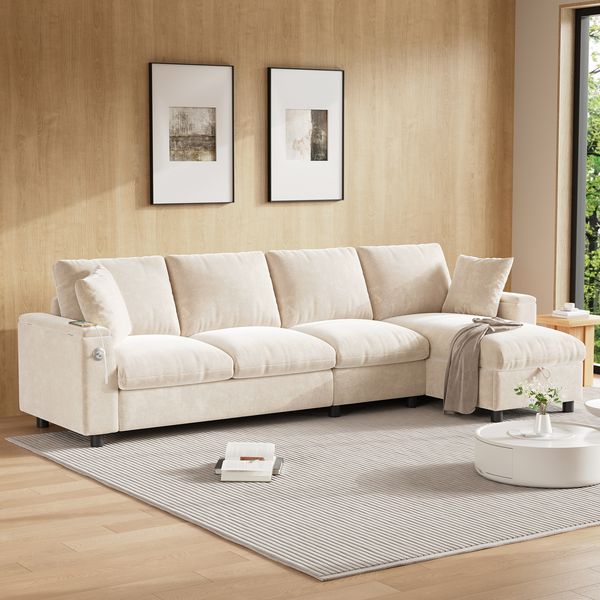 L-förmiges Chenille-Sofa beige, 280x137x84 cm, mit ausklappbarem Tisch & USB