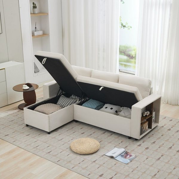 Merax Ecksofa L-förmiges Sofa, Chenille Dreisitzer Couch, links/rechts montierbar, 202 x 136 x 85 cm 1 Teile, Schlafsofa Sofa mit Armlehnenregale, Staufächern & Stauraum