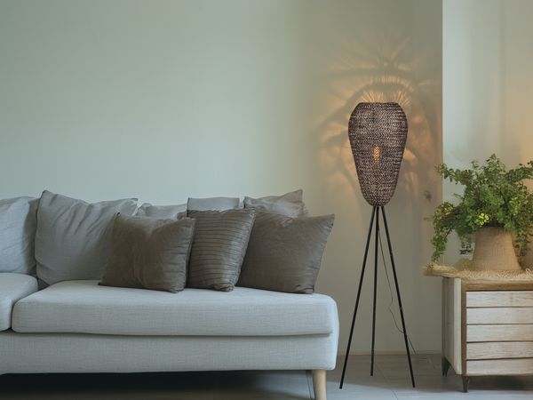 Orientalische Tripod Stehleuchte ZIVA aus Metallgeflecht in Altmessing, H: 140cm