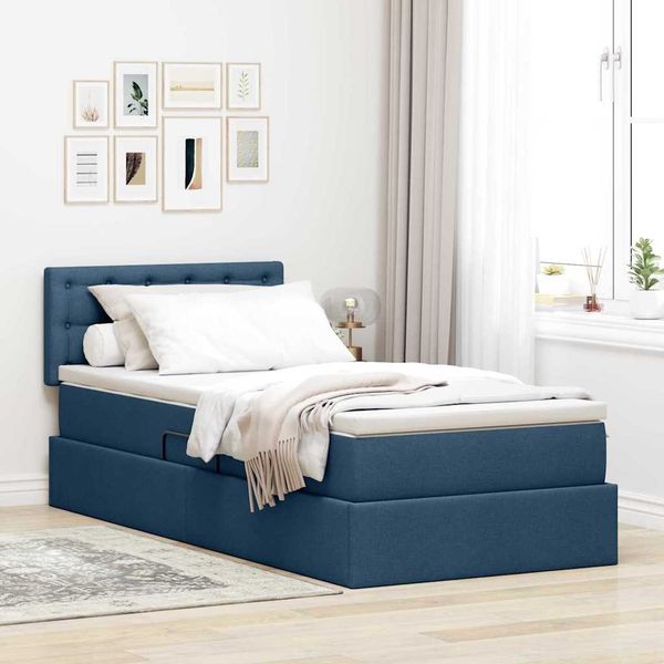 vidaXL Bett mit Stauraum und LED mit Matratze Blau 90 x 190 cm Stoff 3371243