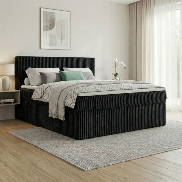 Boxspringbett RALF 200 x 200 cm mit Bettkasten, Topper und gepolstertem Kopfteil. Farbe: Schwarz , Härtegraden: H4 , Topper: Visco-Topper