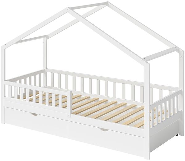 Bellabino 'Vils' Hausbett 90x200 cm mit großer Schublade, weiß, Kiefer Massivholz, Montessori Kinderbett mit Stauraum, inkl. Rausfallschutz und Lattenrost Bild 12