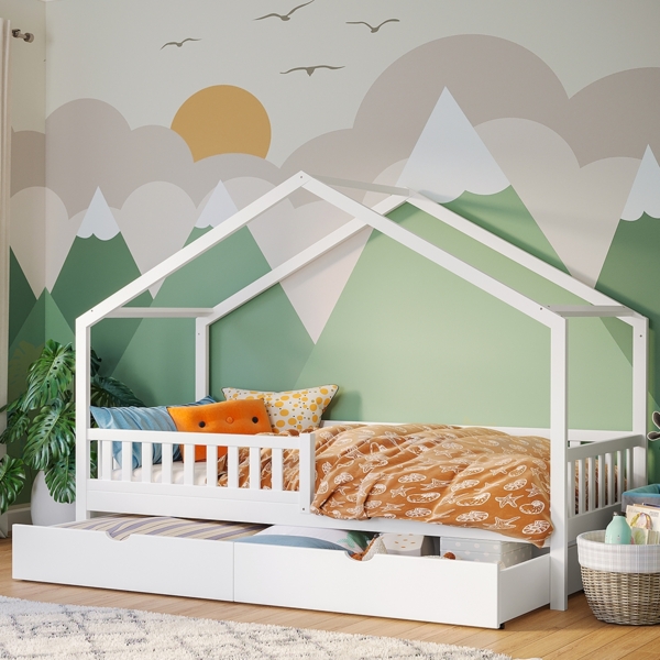 Bellabino 'Vils' Hausbett 90x200 cm mit großer Schublade, weiß, Kiefer Massivholz, Montessori Kinderbett mit Stauraum, inkl. Rausfallschutz und Lattenrost