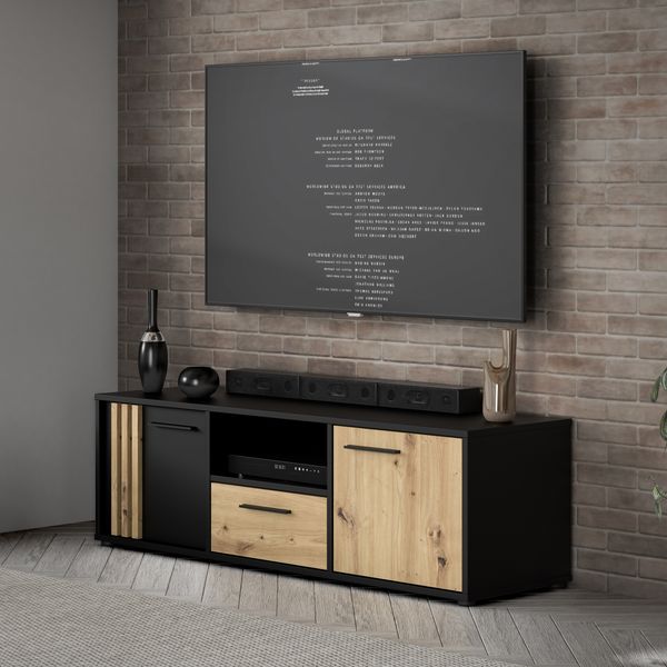 Forte CARDIGAN TV-Schrank 140 150, modernes Lowboard, 2-türig, 1 Schublade, Wohnzimmer, Holzwerkstoff, Artisan Eiche Holzdekor|Schwarz, 142,6 cm breit x 43,9 cm hoch x 41,5 cm tief