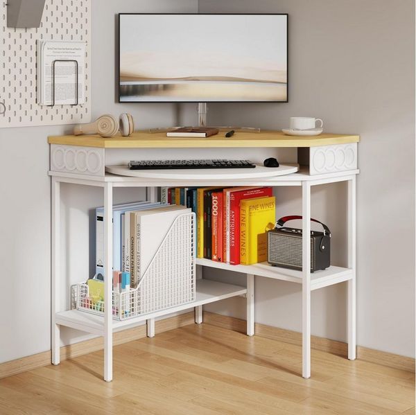 FUFU&GAGA Schreibtisch Eckschreibtisch 360° innovativer Schwenk-Schublade, Weiß, Modern