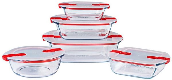 PYREX Frischhaltedose Cook & Heat, Borosilikatglas, (Frischhaltedosen-Set, 5-tlg, rund, quadratisch & rechteckig, 0,3–2,5 l), mit Ventil, luftdicht, auslaufsicher, mikrowellengeeignet, BPA-frei