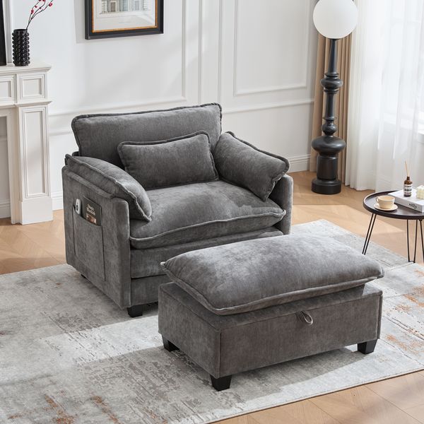 Moderner übergroßer Sessel mit Fußstütze und Hocker, Samt-Loungesessel mit Seitentaschen und Kissen, bequemer Lesesessel für Wohnzimmer, Schlafzimmer und Wohnung