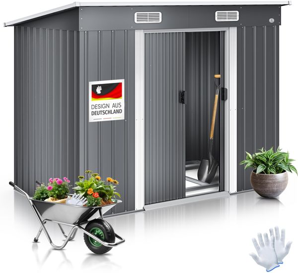 KESSER® - Gerätehaus L Metall 4 m³ mit Fundament | 194x112x181 cm | 2x Schiebetür & Fundament | Geräteschuppen | Gartenhaus Schrank | Pultdach Garten Schuppen | Inkl. Arbeitshandschuhe Grau
