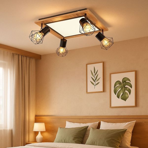 LED Deckenleuchte, Holzoptik, Gitterspots schwenkbar, L 45 cm