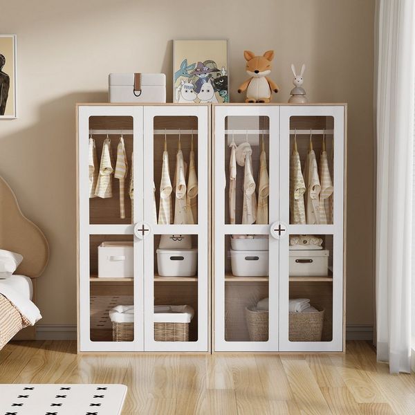 MODFU Kleiderschrank mit Glas-Türen, Umfallschut (Flurschrank, 2-St, 80×50×150 cm, Keksform-Holzgriffen) mit Kleiderstange,verschiebbaren Regalen