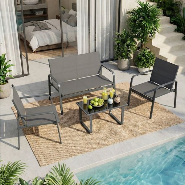 Mondeer Gartenmöbel Set, Balkon Möbel Set 4-TLG mit Armlehnen, Terrassenmöbel mit Tisch Sofa und 2 Stühlen, Textilene, für Garten Balkon Außen, Dunkelgrau