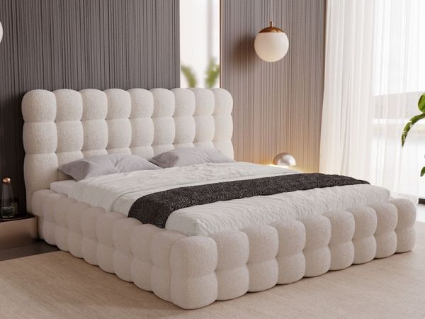 GRAINGOLD Twist Polsterbett 120x200, Doppelbett mit Bettkasten und Lattenrost, Bouclé-Stoff, Beige