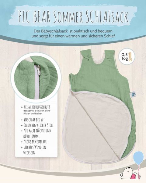 pic Bear Sommerschlafsack Musselin 62/68cm : 62/68 grayed jade Musselin