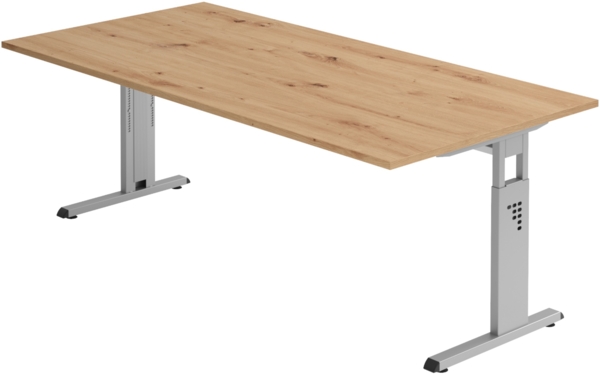 bümö höhenverstellbarer Schreibtisch O-Serie 200x100 cm in Asteiche, Gestell in Silber - großer PC Tisch für's Büro manuell höhenverstellbar, Computertisch verstellbar, OS-2E-R-S