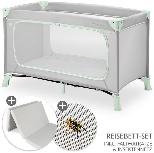 Hauck Baby-Reisebett Dream N Play Plus - Dusty Mint, Kinder Baby Reisebett mit großem Eingang, Matratze & Insektenschutz