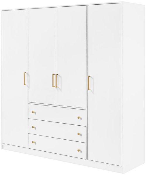 Deine Möbel 24 Kleiderschrank CLASSIC D4 Kleiderschrank mit Schubladen mit 4 Drehtüren 3 Schubladen (4-türig Goldengriffe, 1-St, Kleiderschrank Weiß Matt Schwarz Matt 200 cm) Schlafzimmerschrank, Garderobenschrank, Flurschrank, Elegantes Design