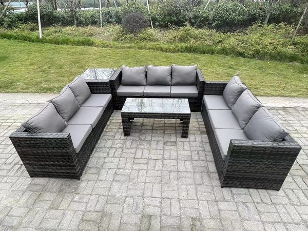Fimous Rattan Garten Möbel Lounge Sofa Set im Freien mit länglichem rechteckigem Couchtisch und Beistelltisch