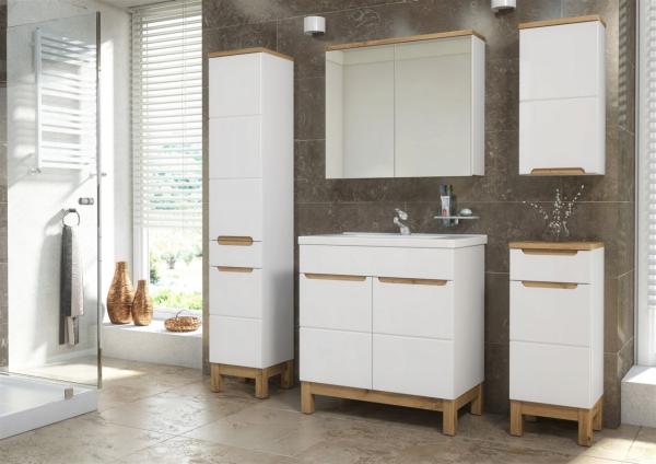 Badmöbel Set 5-tlg Badezimmerset DEVI Weiss HGL inkl. Waschtisch 80 cm