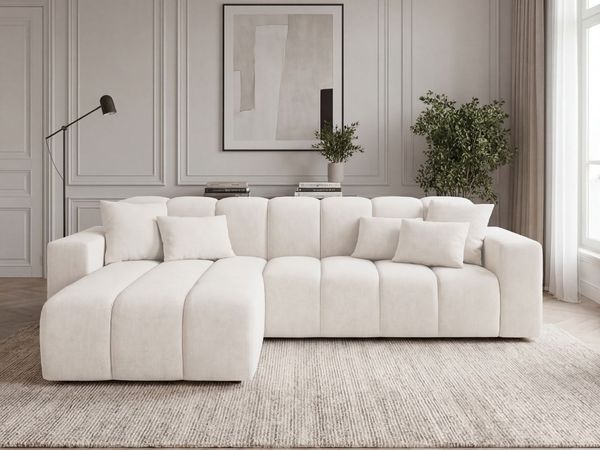 GRAINGOLD Ecksofa L-Form Nork, Wohnzimmer Ecksofa, Couch L-Form, Velour-Stoff, Creme, Links