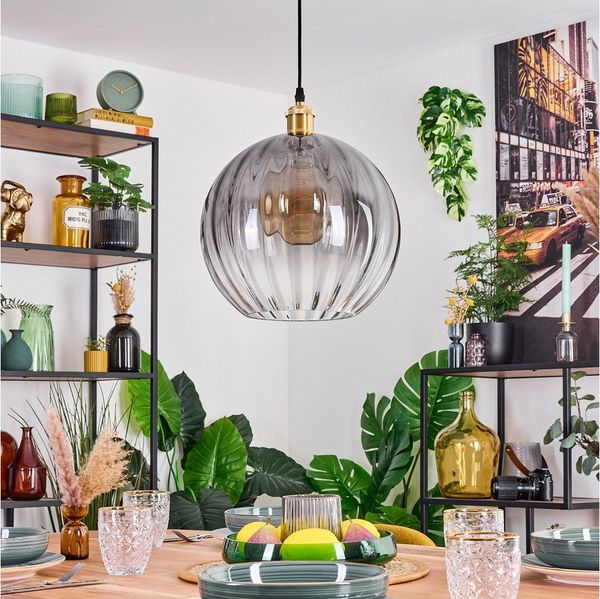 hofstein Hängeleuchte Hängelampe aus Metall/Riffelglas in Gold-/Rauchfarben/Klar, ohne Leuchtmittel, Hängeleuchte im Retro/Vintage-Design (Schirm Ø 30 cm), 1 x E27