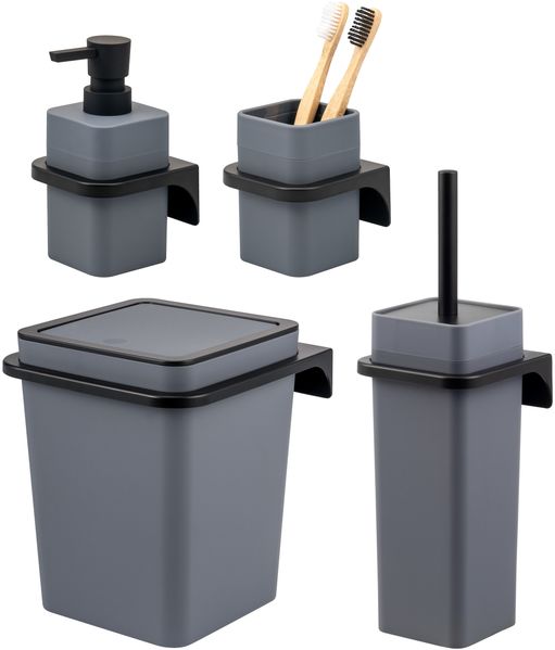 bremermann Bad-Accessoires Set SAVONA 4tlg. bestehend aus 1x Seifenspender, 1x Becher, 1x WC-Garnitur, 1x Kosmetikeimer aus Kunststoff in Grau