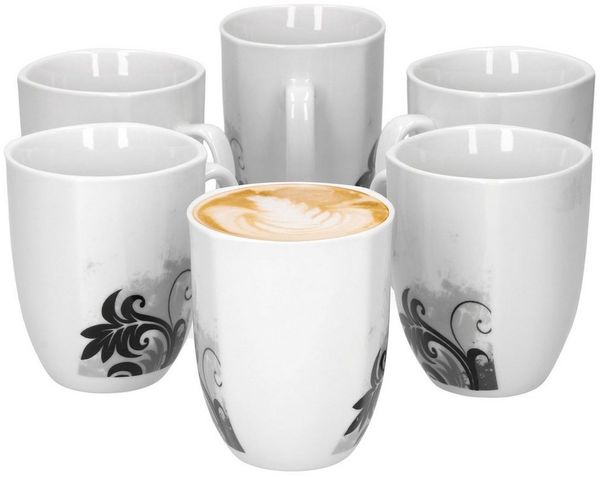van Well Becher 6er Set Kaffeebecher Black Flower 33cl, Porzellan